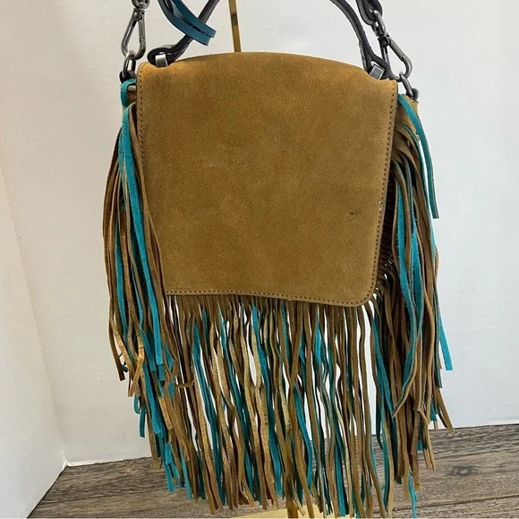 Zara Woman Fringe Suede Crossbody Bag - Tan and Teal. Pre-owned. - Picture 2 of 12